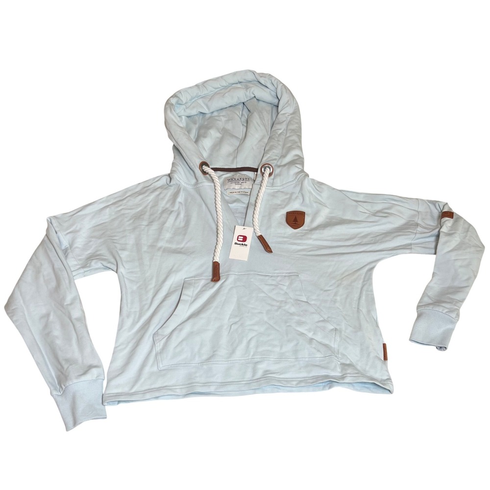 Wanakome Etta Split Neck Hoodie‎ Sky Blue Large NWT Cropped Rope Drawstring